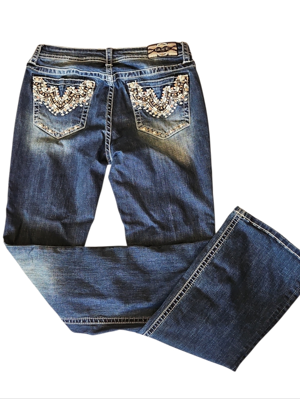 Grace in LA Women's Rhinestone Embellished Bootcut Jeans - Blue Denim Size 30